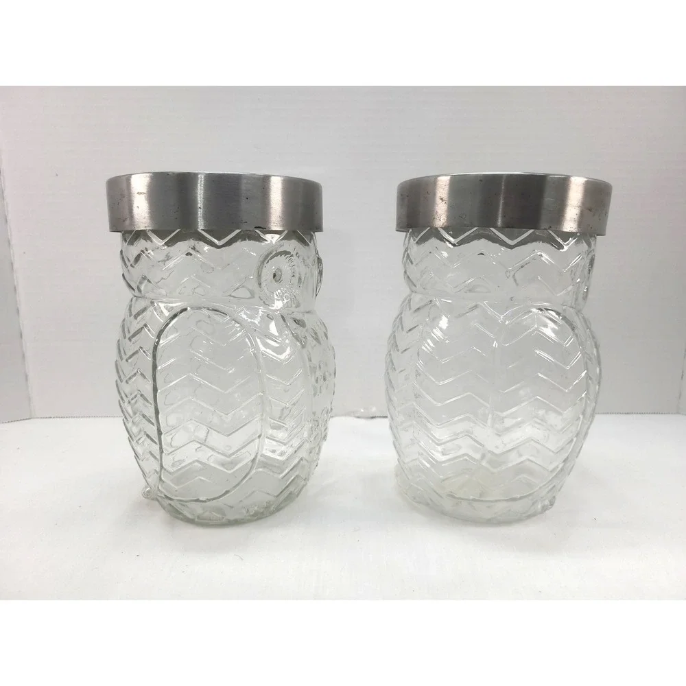 2 Circleware Owl Clear Glass Canister Silver Metal Lid 42oz Embossed